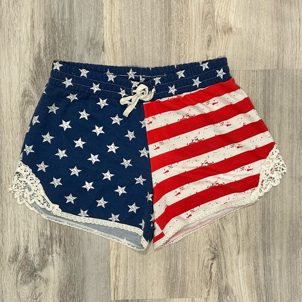 Cloud Chaser American Flag Lounge Shorts USA Red White Blue Lace Accent Size L